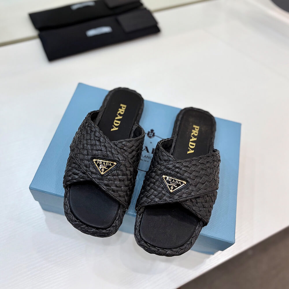 Prada Raffia crisscross slides
