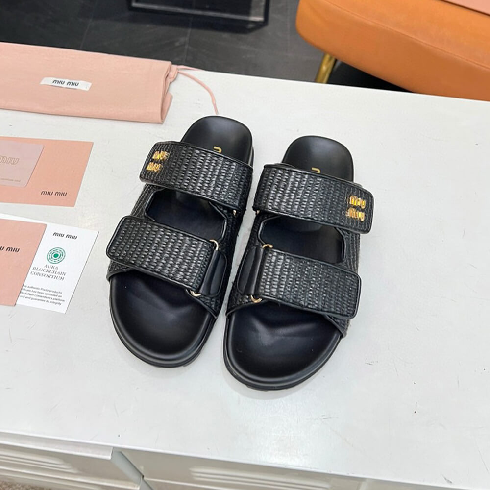 MiuMiu Raffia-effect woven fabric slides