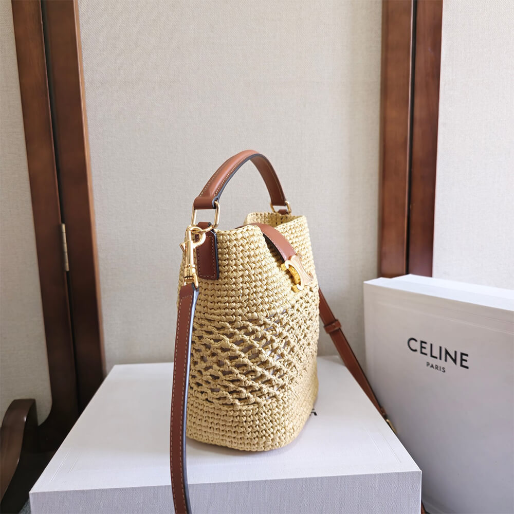 CELINE SMALL LOUISE BUCKET IN RAFFIA AND CALFSKIN(HIGH-END GRADE)